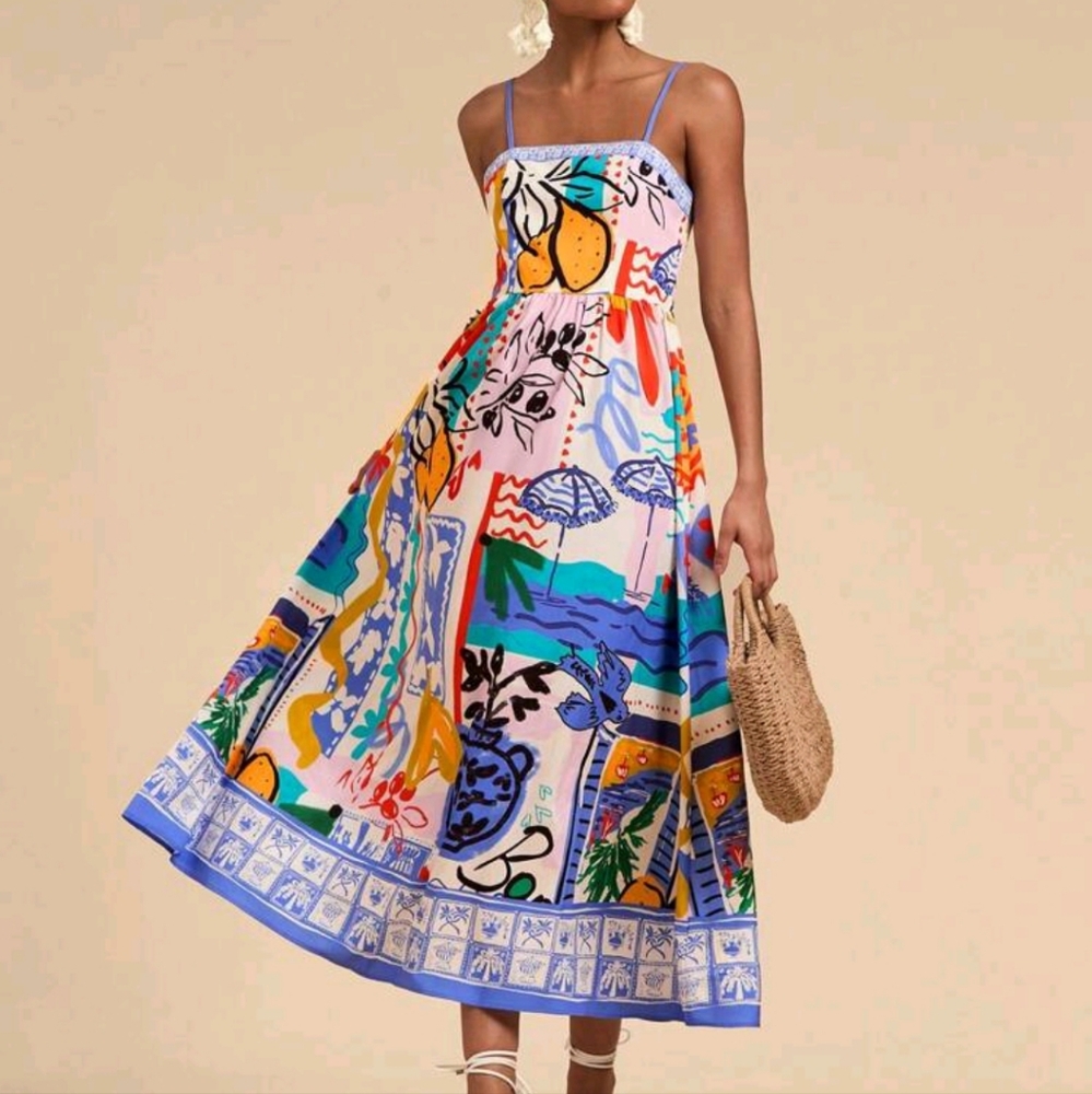 Vacation Woven Printed Spaghetti Strap Dress For Women